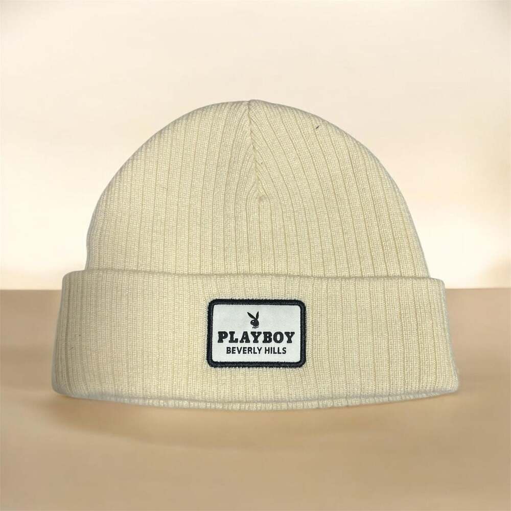Playboy Beverly Hills Rabbit Head Logo Cream Ribbed Beanie